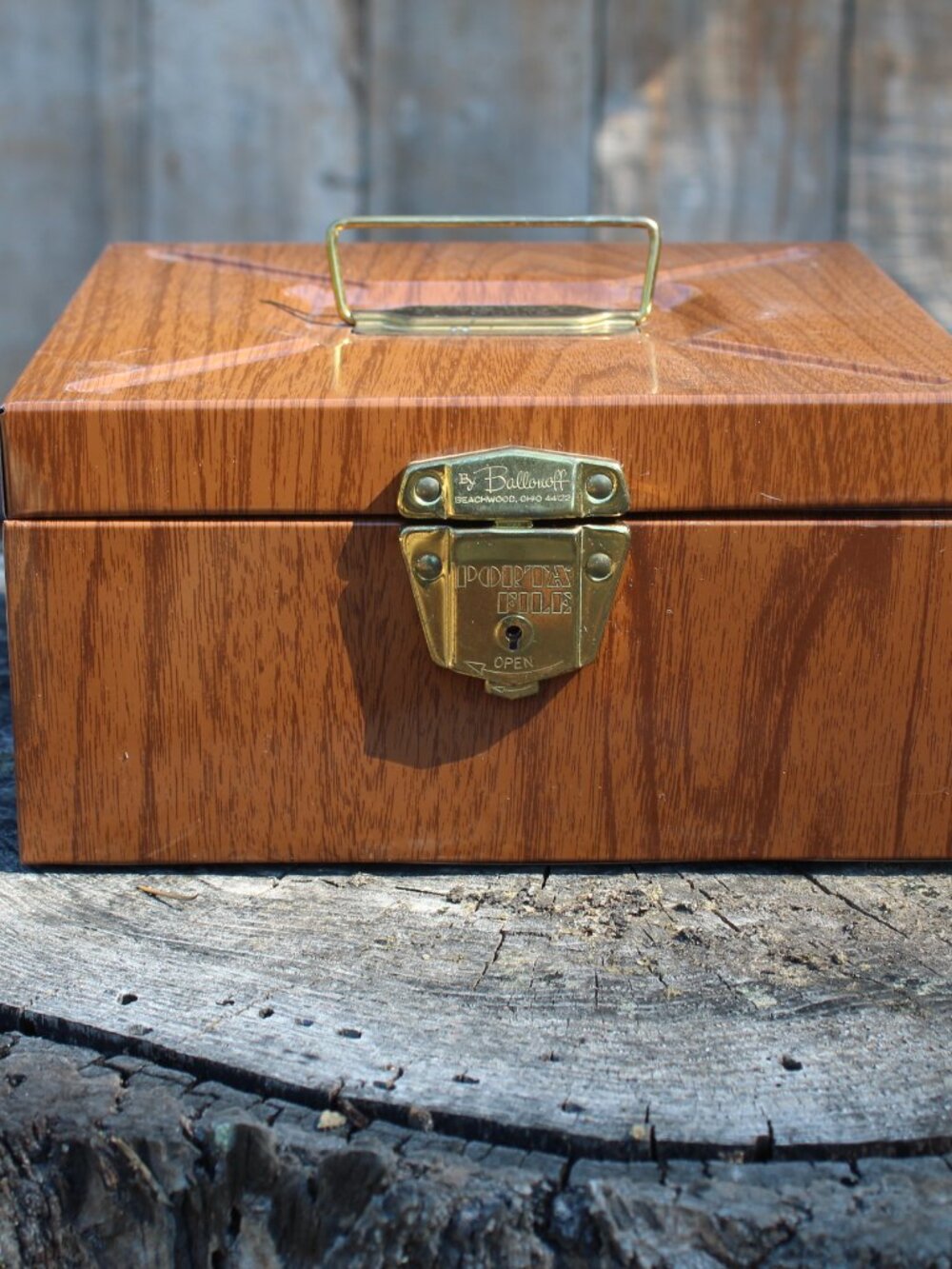 Vintage Porta File Locking Box – Faux Wood & Brass – With Key